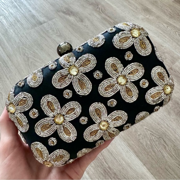 Santi India Evening Bag Clutch Crossbody Black Beaded Silver Gold Event Elegant - Picture 1 of 8